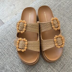 BCBG Tan Double-Strap Sandals with Decorative Buckles